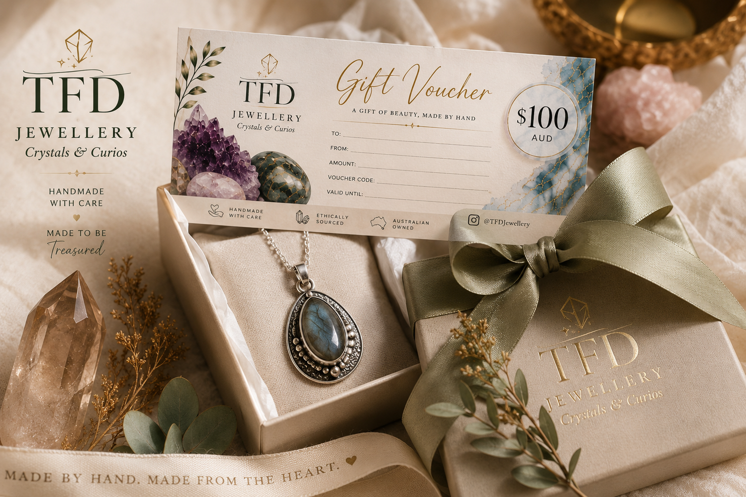 TFD Jewellery gift voucher displayed with a handcrafted sterling silver pendant in a luxury gift box, perfect for birthdays, anniversaries and special occasions.