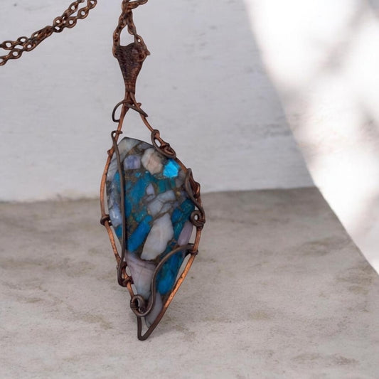 Colbaugh Kingman Turquoise & Pink Opal Copper Wrapped Pendant