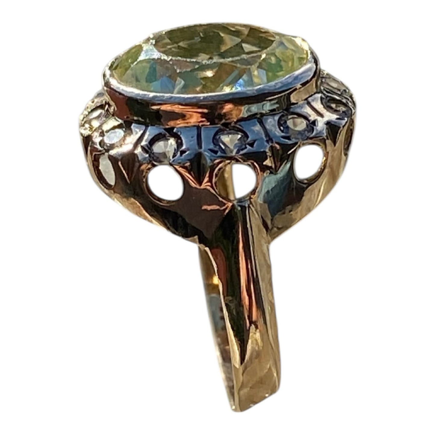 Antique 14K Yellow Gold Mint Green Quartz & Rose Cut Diamond Halo Ring German Estate, Size 6 (AU M)