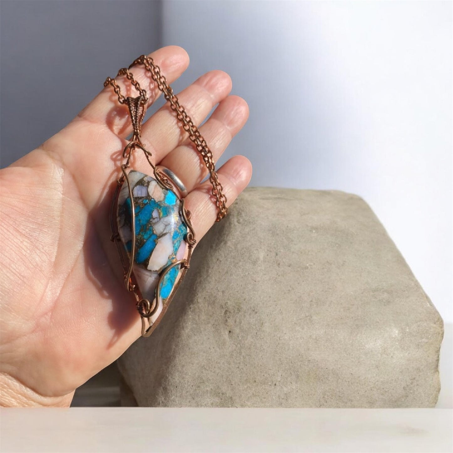 Colbaugh Kingman Turquoise & Pink Opal Copper Wrapped Pendant