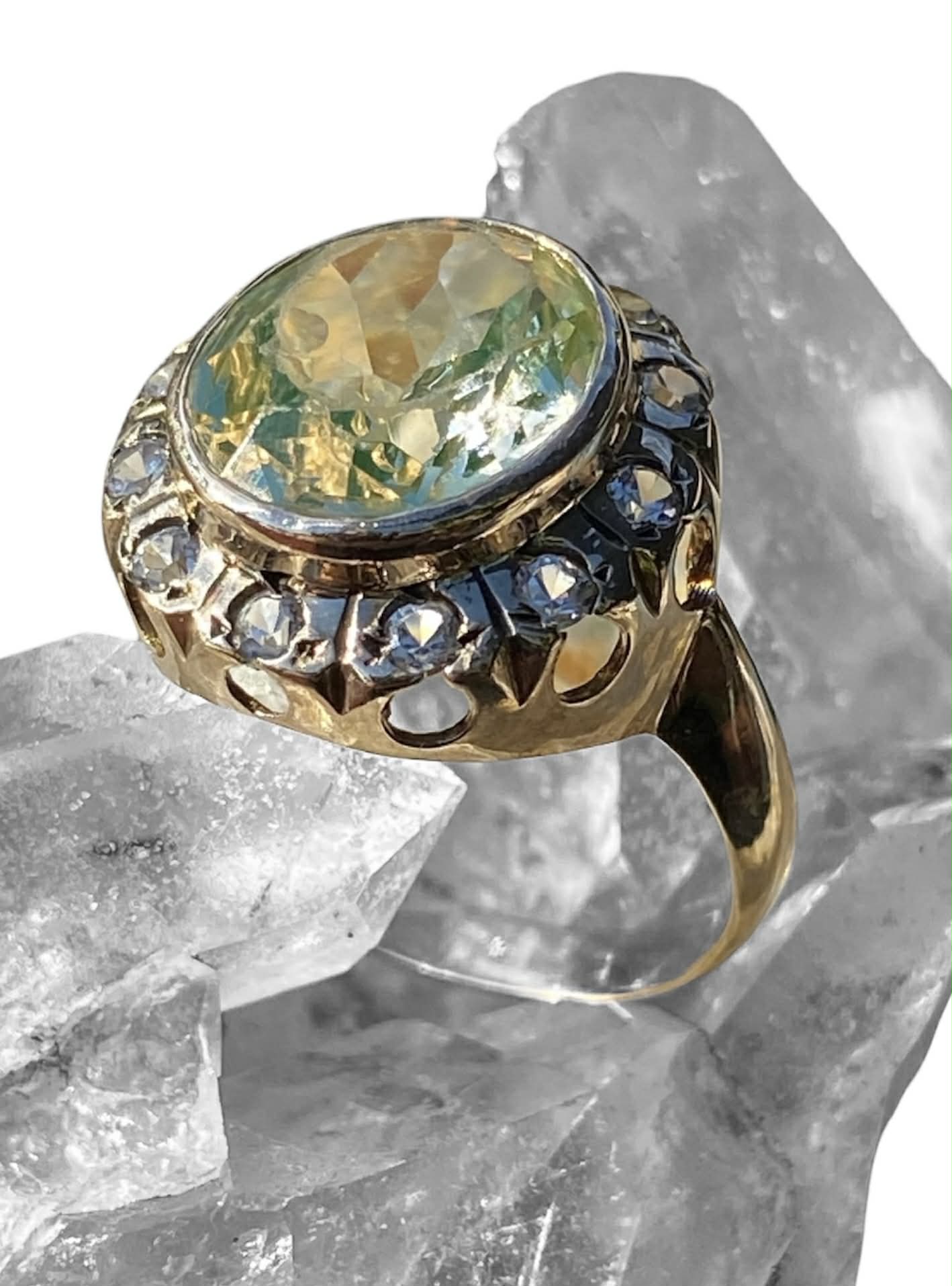 Antique 14K Yellow Gold Mint Green Quartz & Rose Cut Diamond Halo Ring German Estate, Size 6 (AU M)