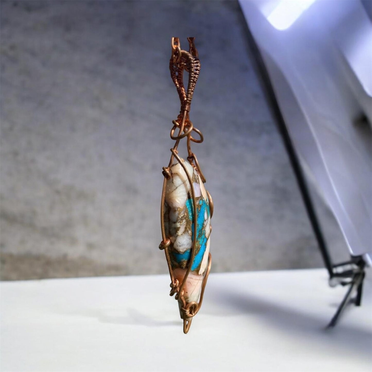Colbaugh Kingman Turquoise & Pink Opal Copper Wrapped Pendant