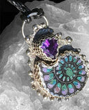 Black Ammonite Inlay Chrysocolla & Purple Jade with a Trillion Cut Amethyst Pendant