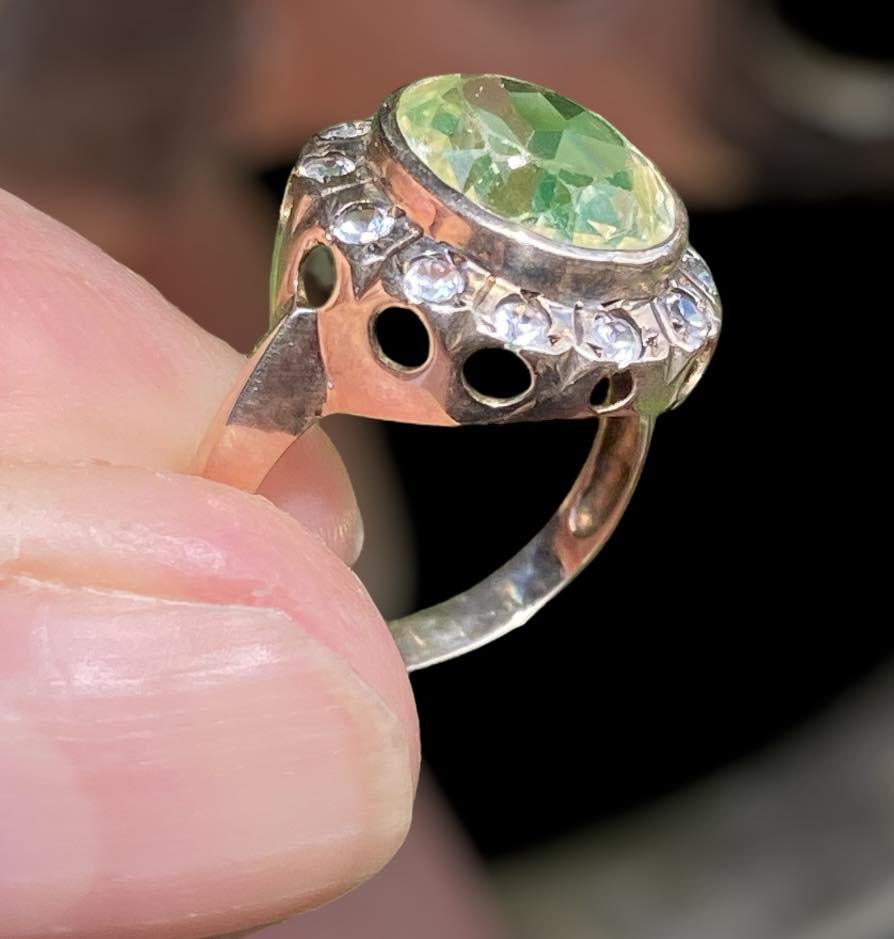 Antique 14K Yellow Gold Mint Green Quartz & Rose Cut Diamond Halo Ring German Estate, Size 6 (AU M)