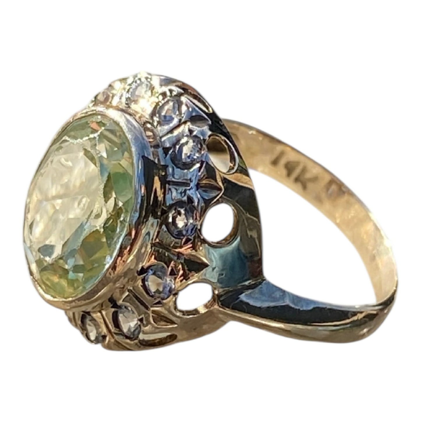 Antique 14K Yellow Gold Mint Green Quartz & Rose Cut Diamond Halo Ring German Estate, Size 6 (AU M)