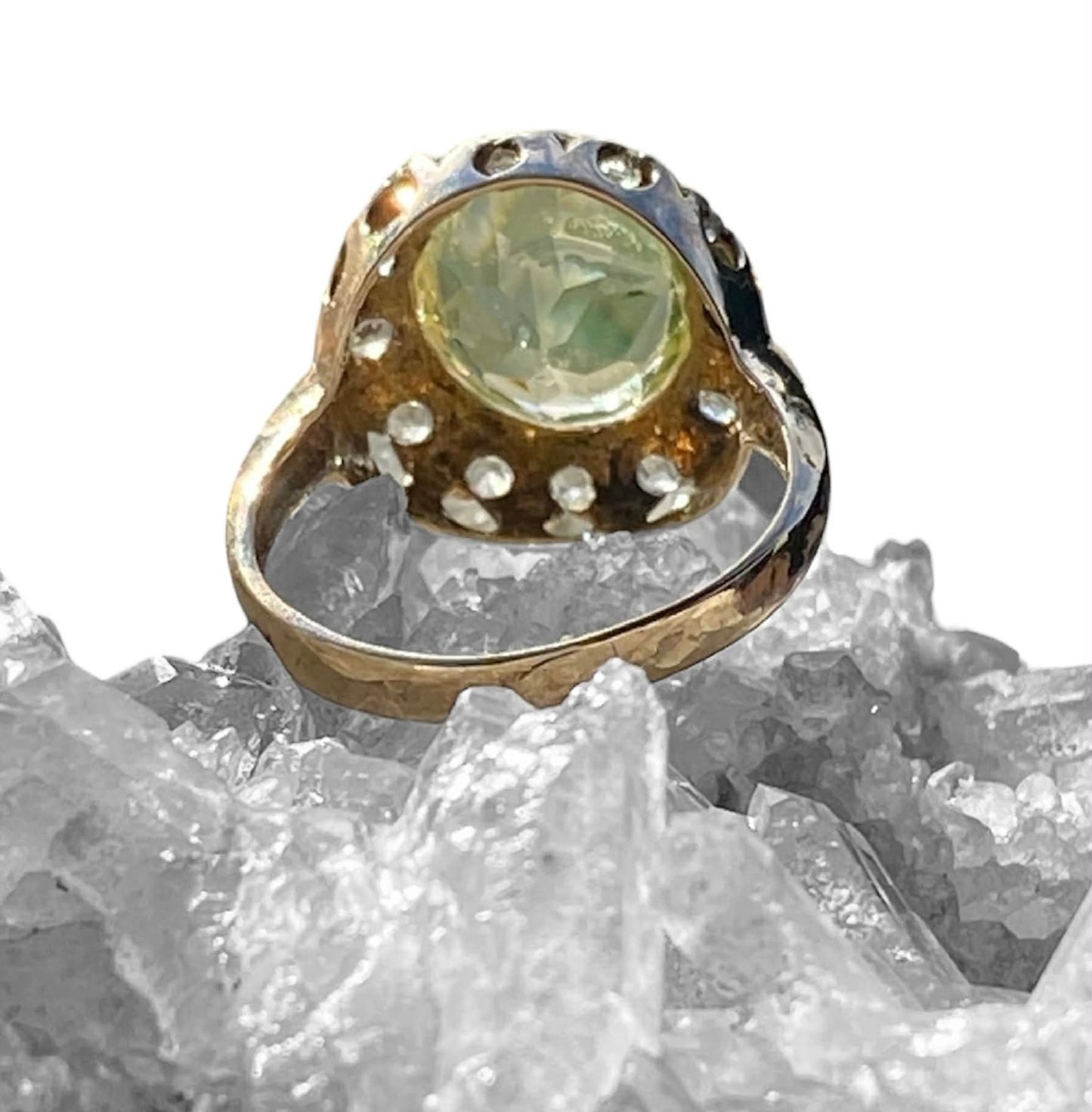 Antique 14K Yellow Gold Mint Green Quartz & Rose Cut Diamond Halo Ring German Estate, Size 6 (AU M)
