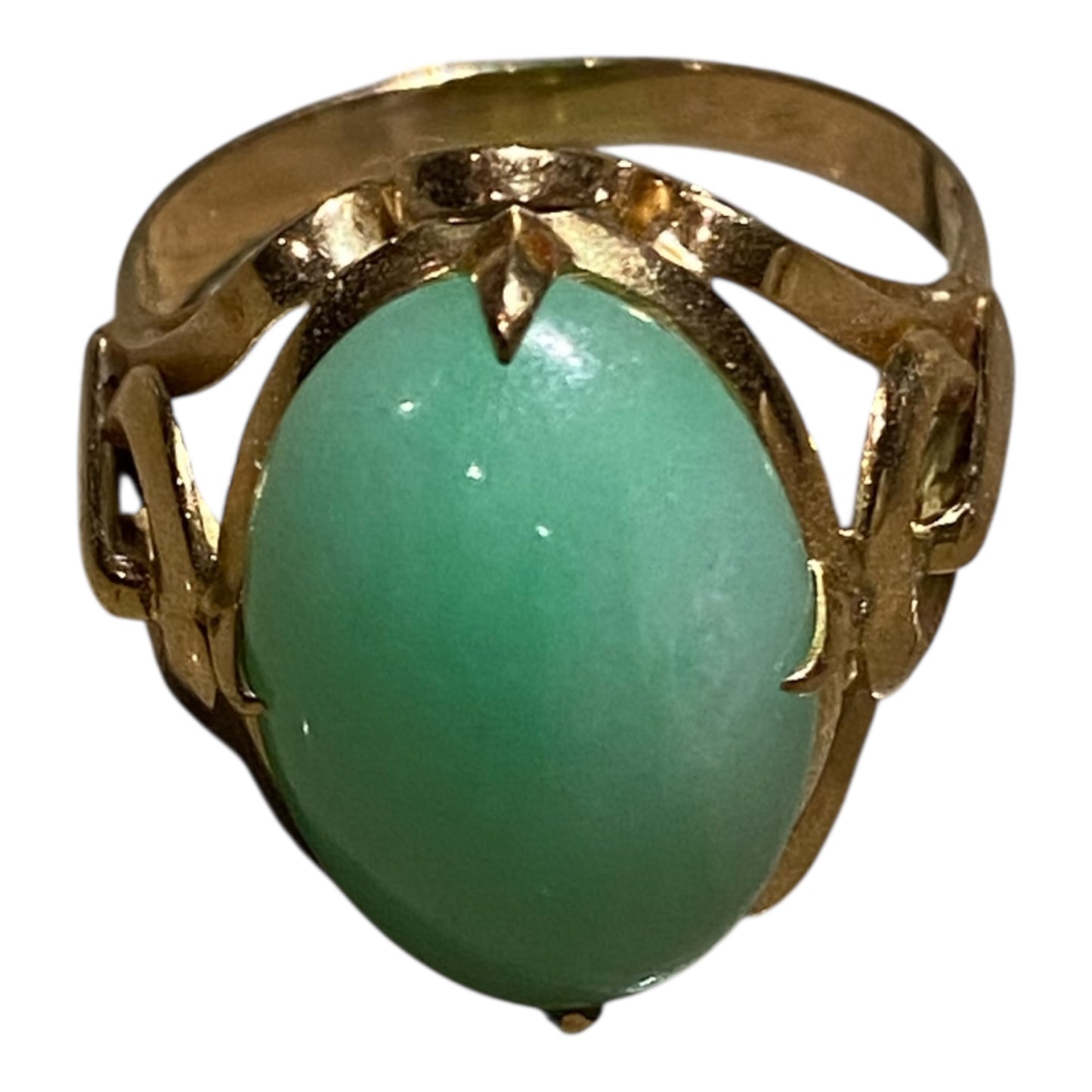 Vintage 18K Gold Natural Jadeite Jade Cabochon Ring Translucent Green Jade