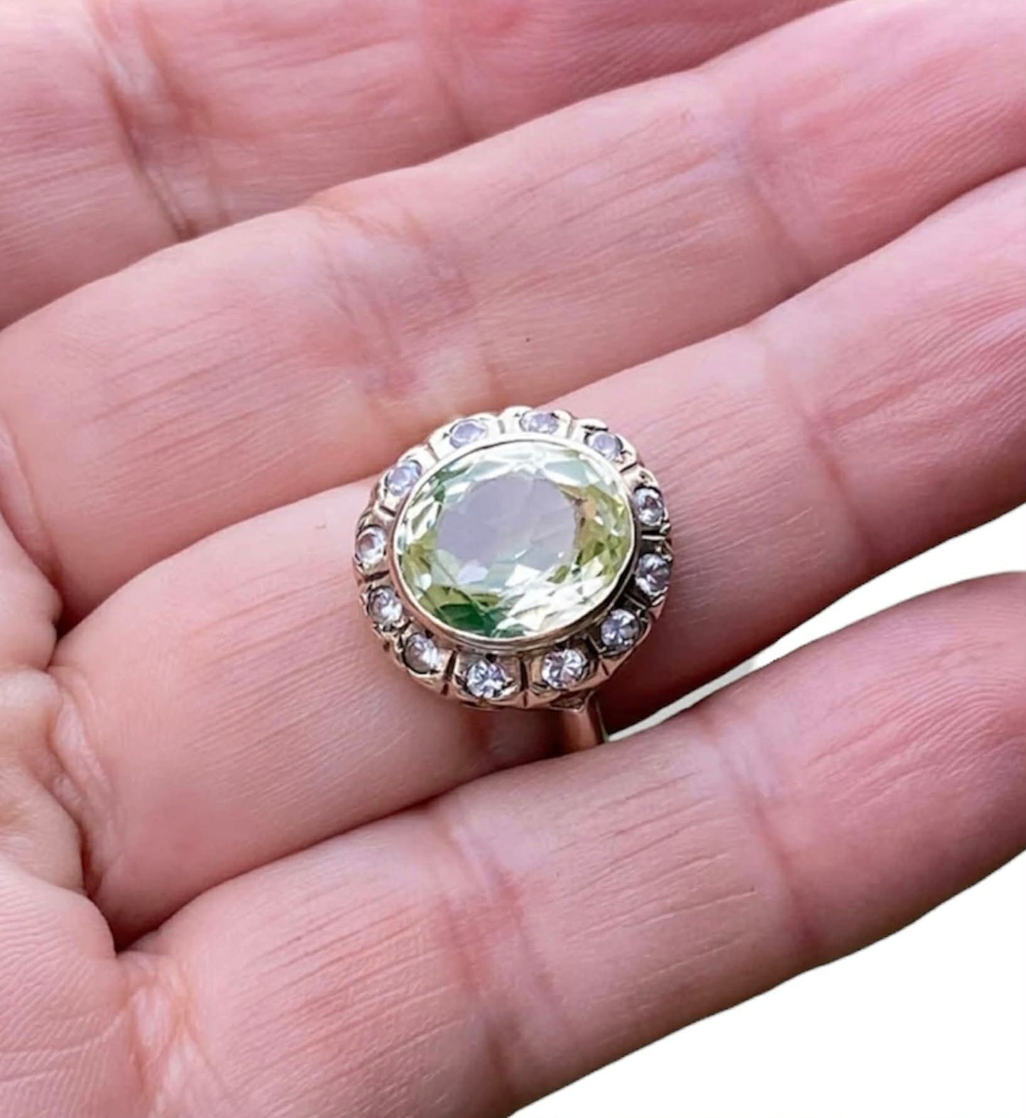 Antique 14K Yellow Gold Mint Green Quartz & Rose Cut Diamond Halo Ring German Estate, Size 6 (AU M)