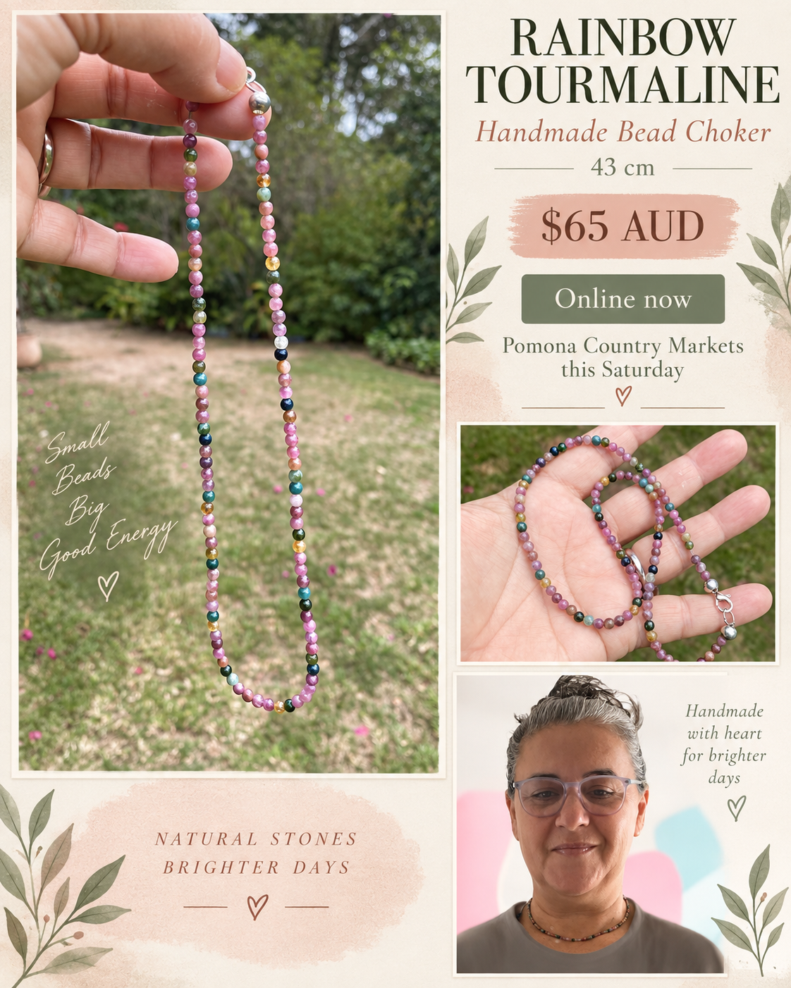 Handmade Rainbow Tourmaline Bead Choker Necklace 43 cm