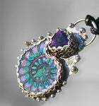 Black Ammonite Inlay Chrysocolla & Purple Jade with a Trillion Cut Amethyst Pendant