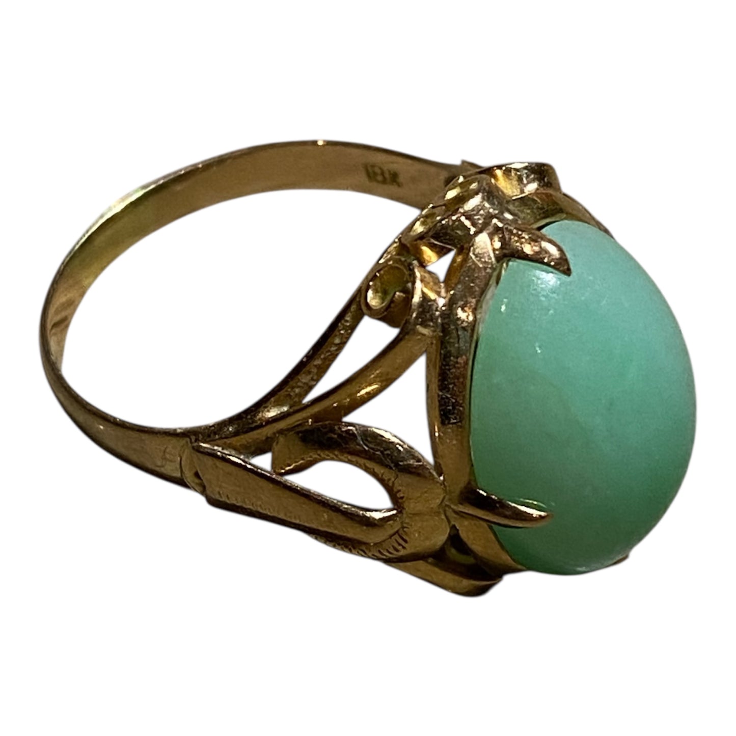 Vintage 18K Gold Natural Jadeite Jade Cabochon Ring Translucent Green Jade