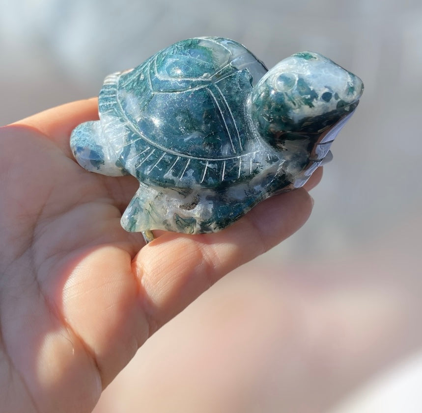 Natural Moss Agate Crystal Carved Sea Turtle
