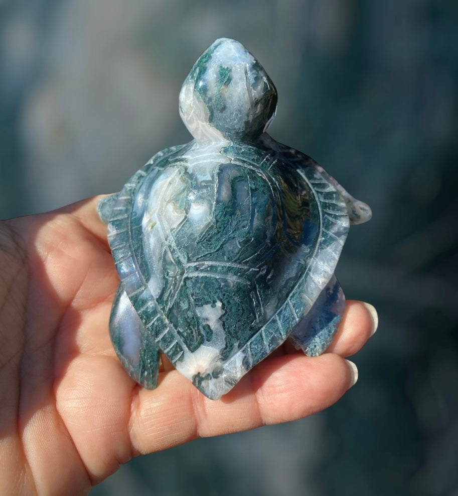 Natural Moss Agate Crystal Carved Sea Turtle