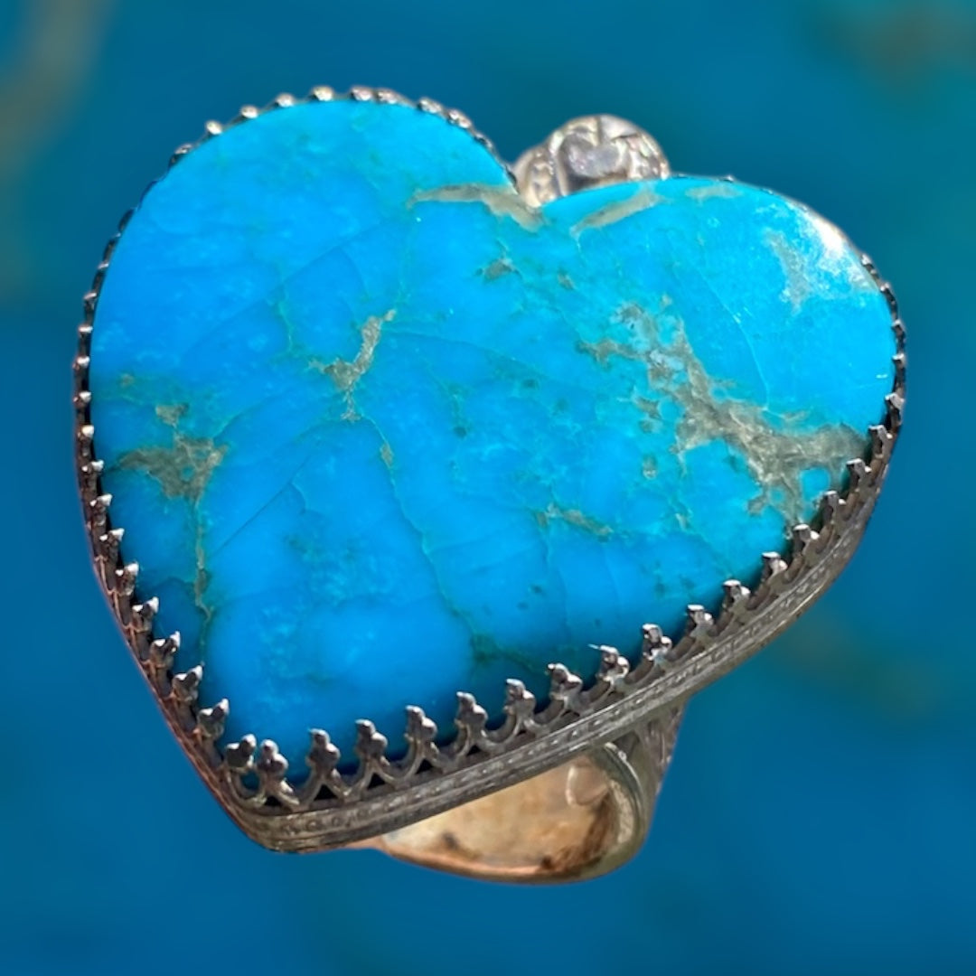 Handcrafted Kingman Turquoise Heart Sterling Silver Statement Ring