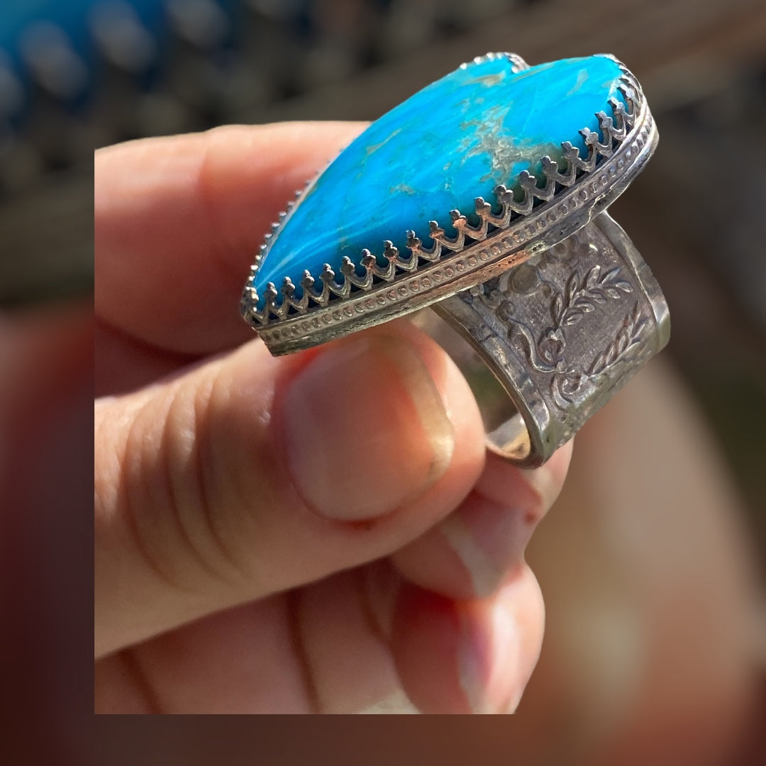 Handcrafted Kingman Turquoise Heart Sterling Silver Statement Ring