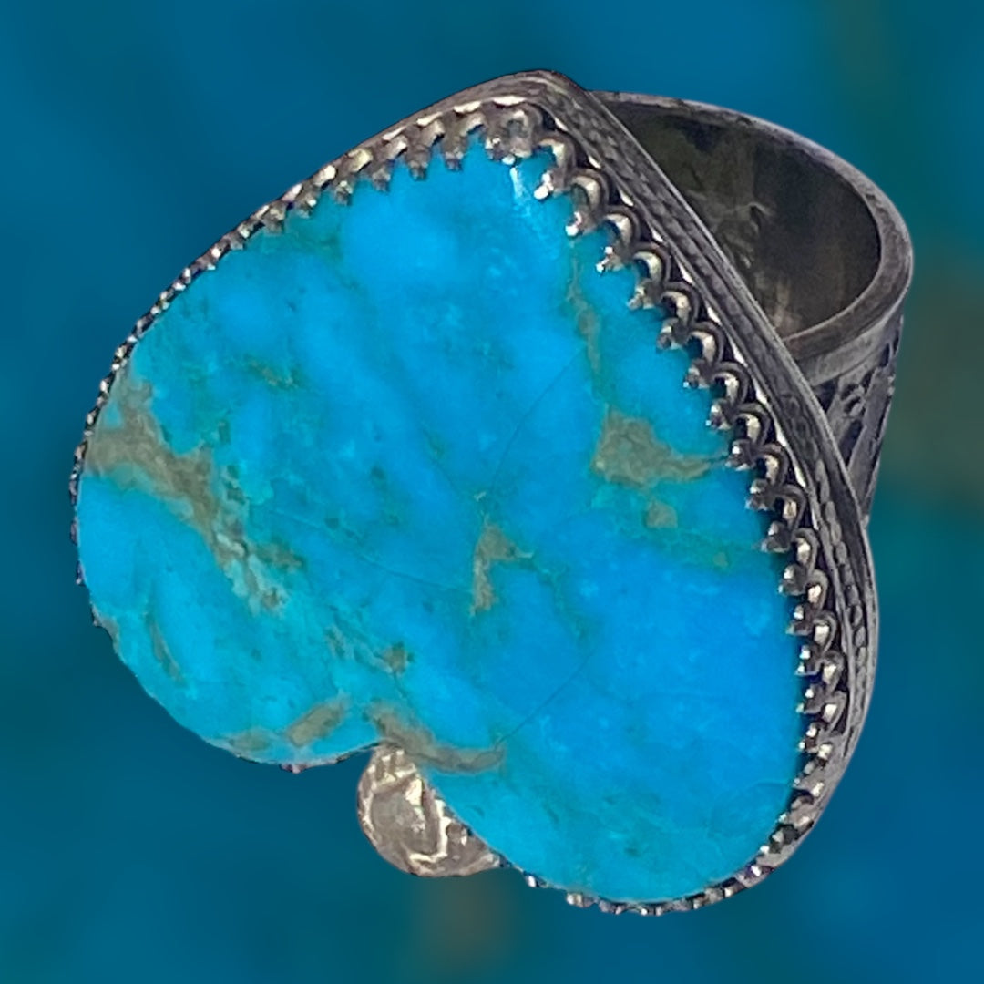 Handcrafted Kingman Turquoise Heart Sterling Silver Statement Ring