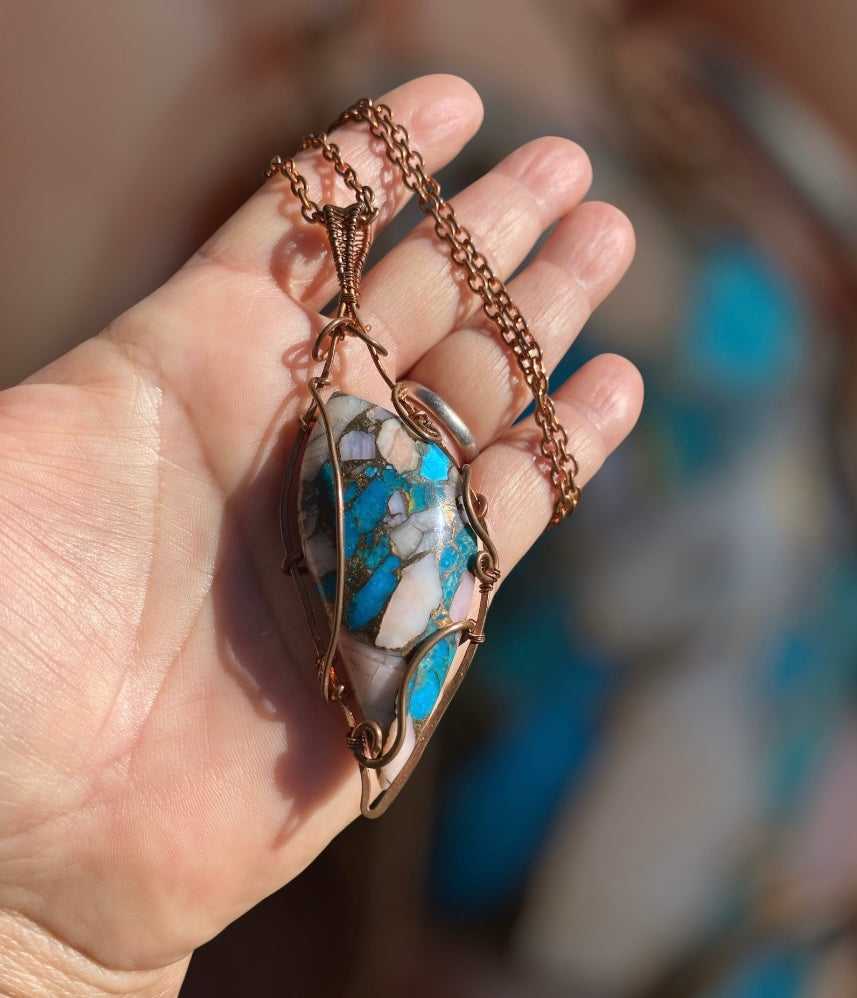 Colbaugh Kingman Turquoise & Pink Opal Copper Wrapped Pendant