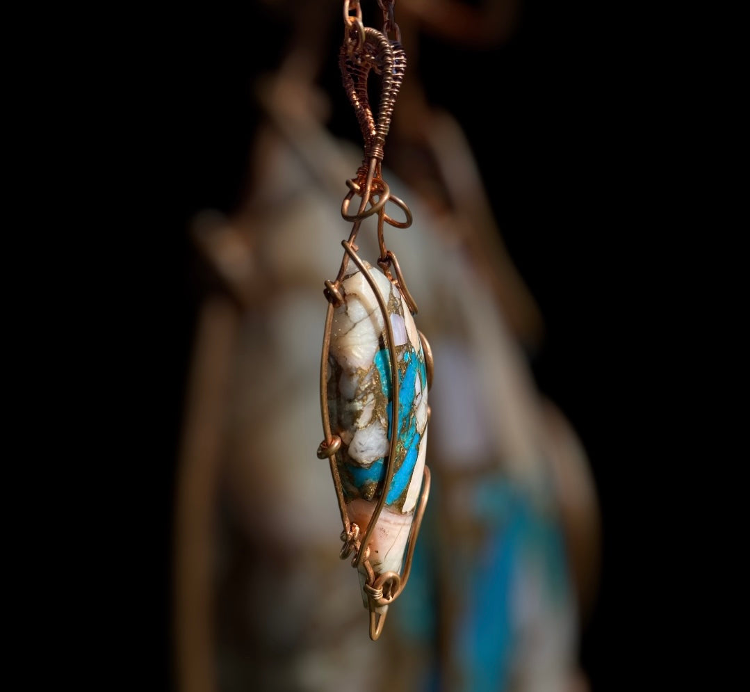 Colbaugh Kingman Turquoise & Pink Opal Copper Wrapped Pendant