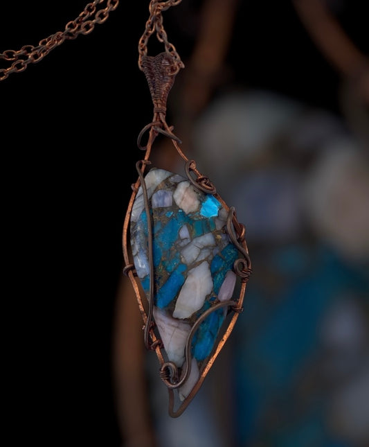 Copper wire wrapped Colbaugh Composite Kingman Turquoise Pink Opal cabochon Pendant