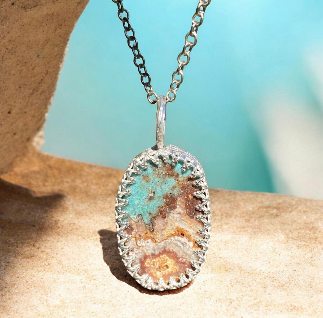 Handcrafted Bacon Opal & Turquoise Inlay Sterling Silver Pendant