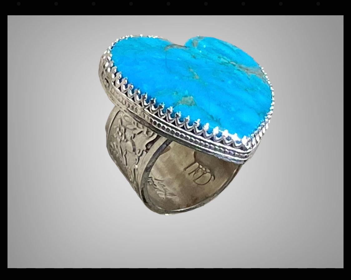 Handcrafted Kingman Turquoise Heart Sterling Silver Statement Ring