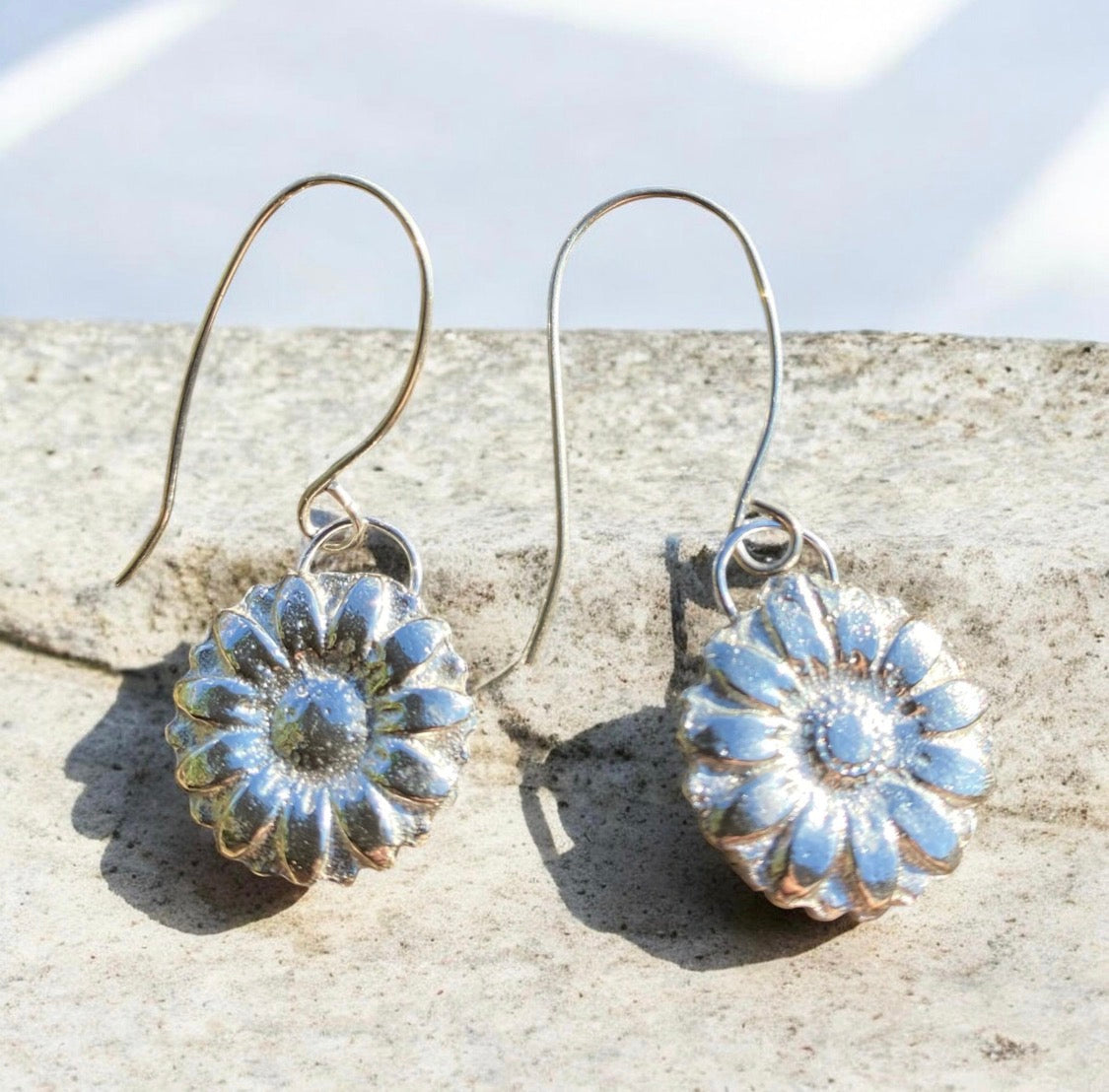 Handcrafted Sand Cast Everlasting Daisy Sterling Silver Earrings
