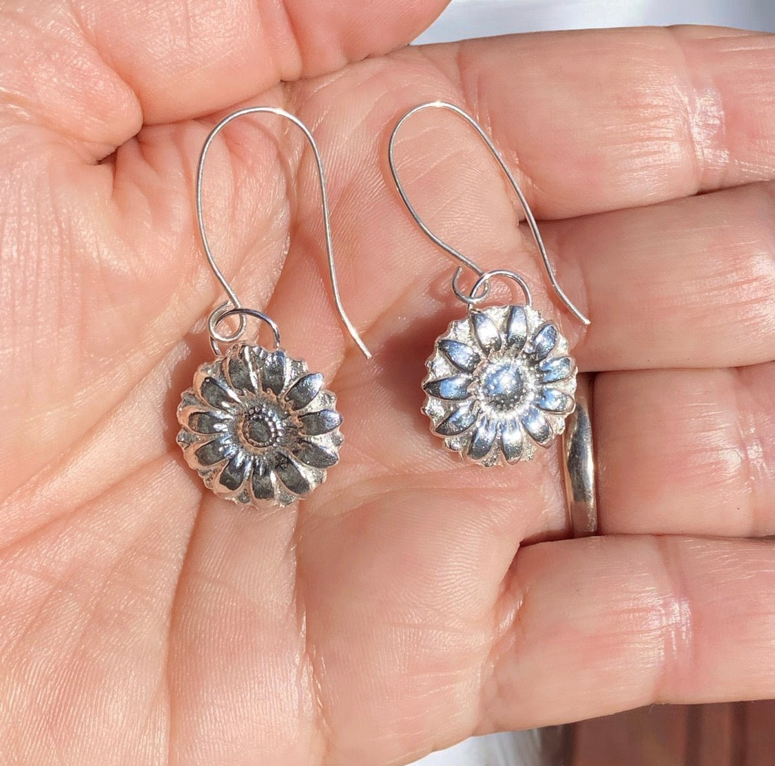Handcrafted Sand Cast Everlasting Daisy Sterling Silver Earrings