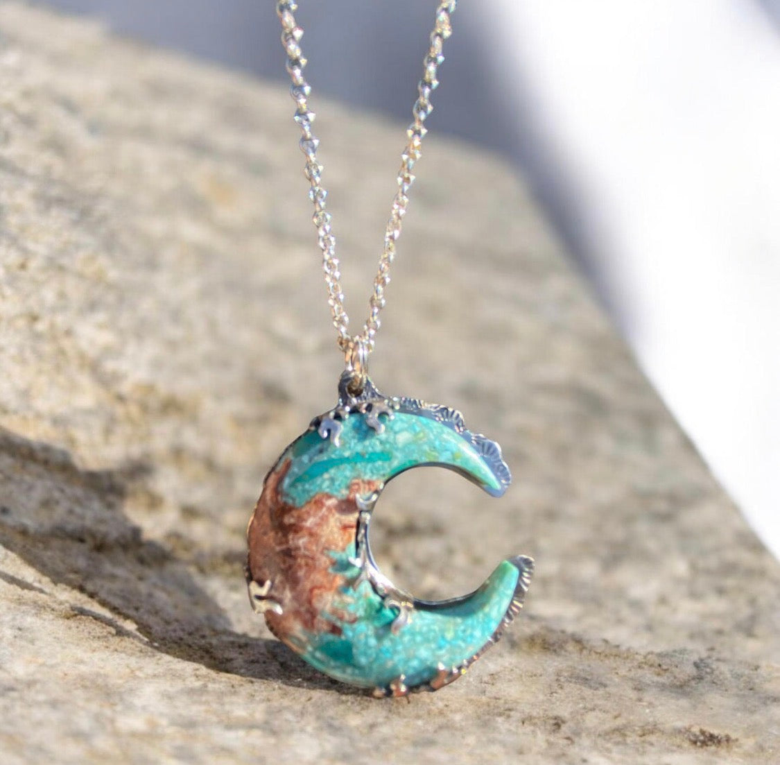 Handcrafted Bacon Opal & Turquoise Crescent Moon Sterling Silver Pendan