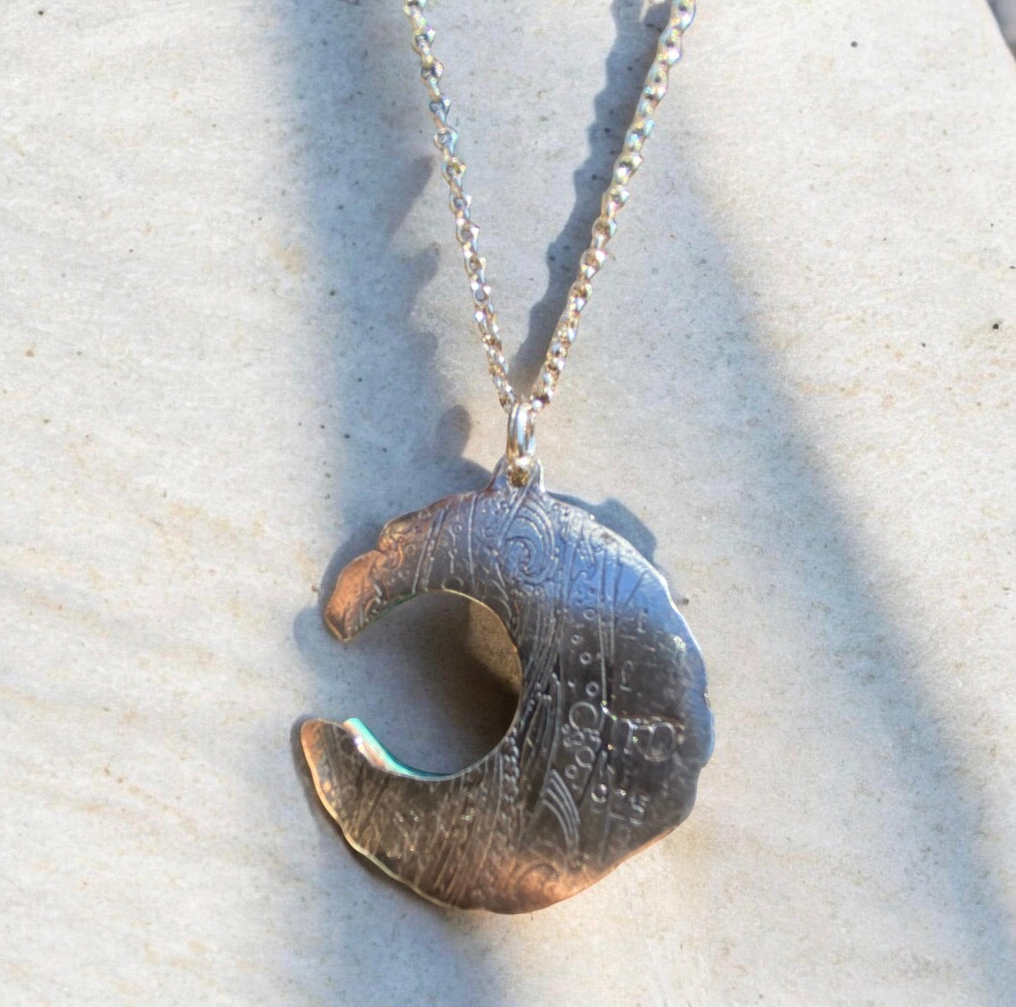 Handcrafted Bacon Opal & Turquoise Crescent Moon Sterling Silver Pendan