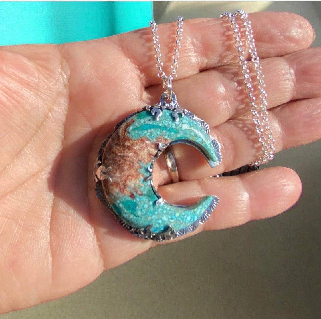 Handcrafted Bacon Opal & Turquoise Crescent Moon Sterling Silver Pendan