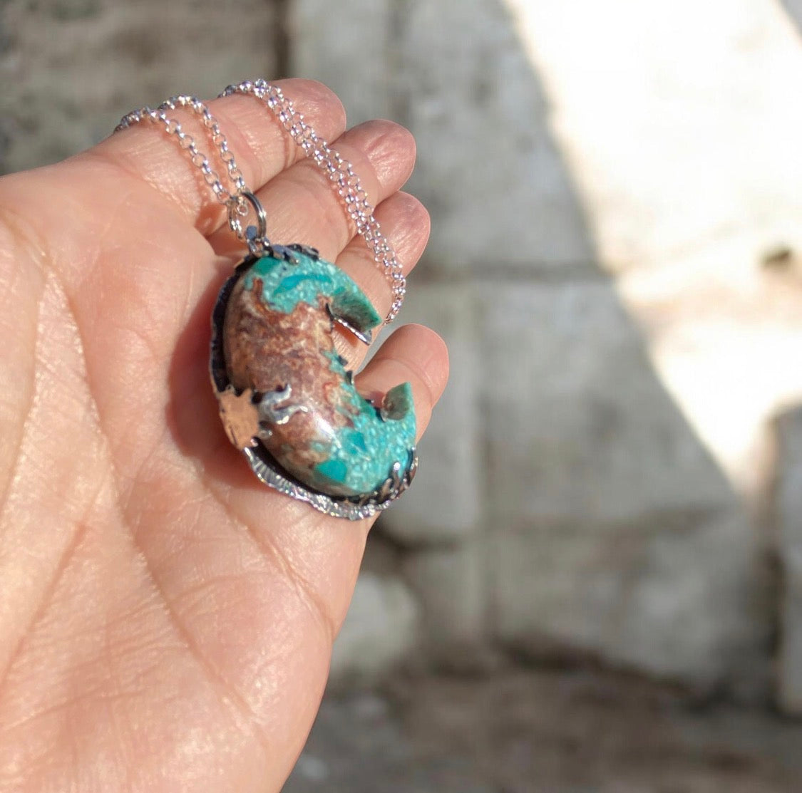 Handcrafted Bacon Opal & Turquoise Crescent Moon Sterling Silver Pendan