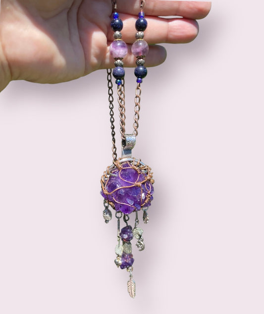 Handmade Amethyst Cluster and Pyrite Dream Catcher Necklace
