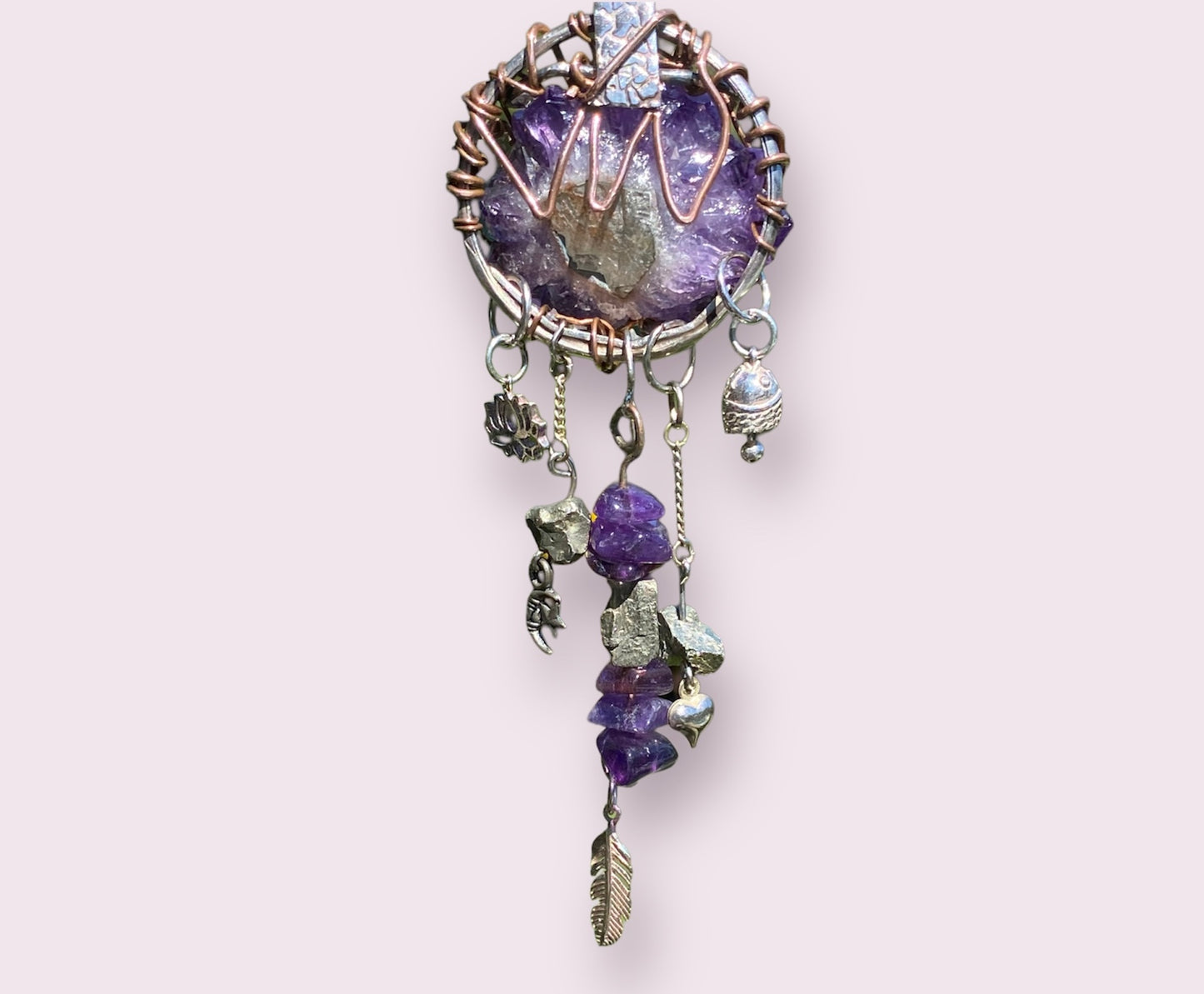 Handmade Amethyst Cluster and Pyrite Dream Catcher Necklace