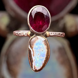 Rare Boulder Pipe Crystal Opal and Garnet Ring