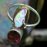 Rare Boulder Pipe Crystal Opal and Garnet Ring