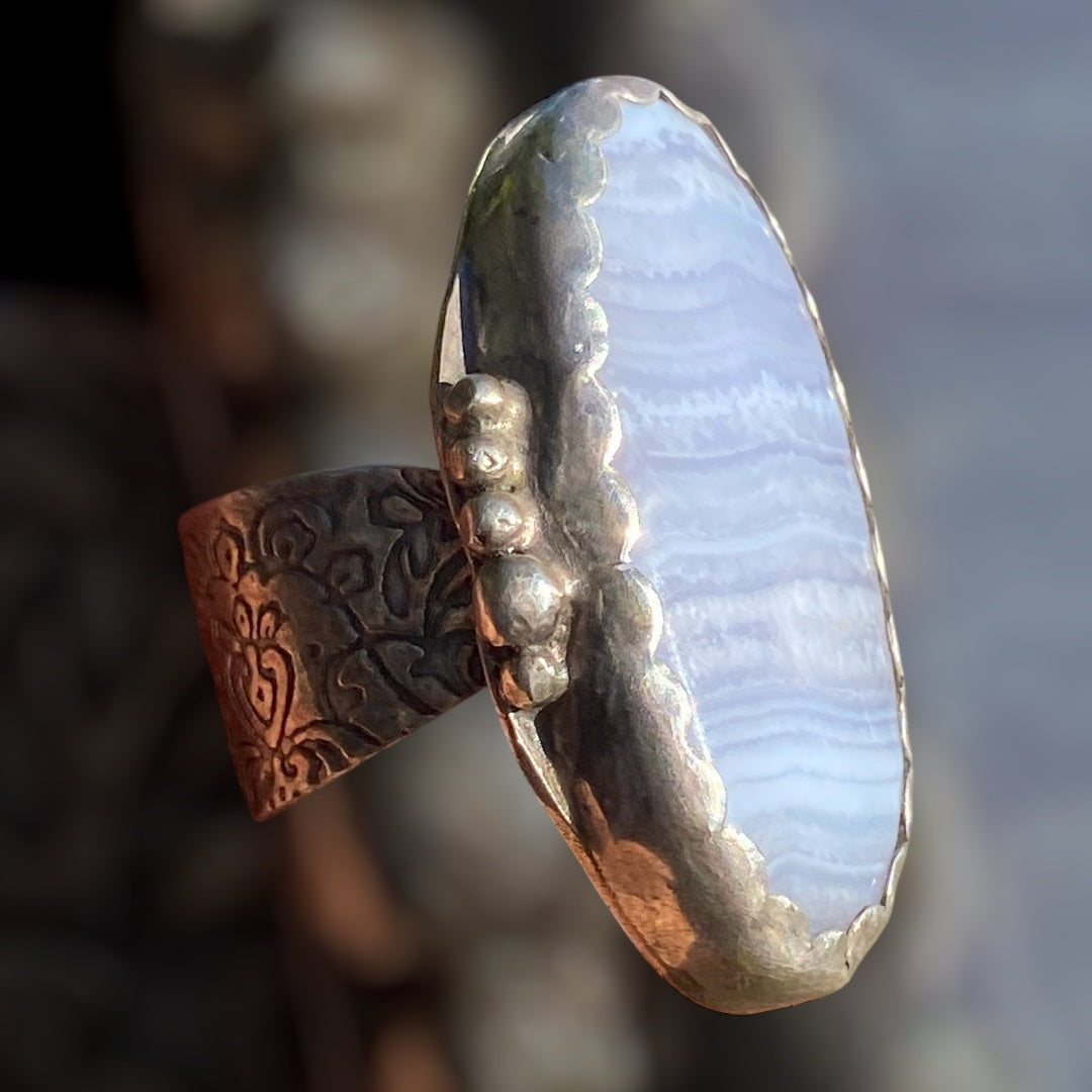 Handmade Oval Blue Lace Agate Gemstone Boho Ring