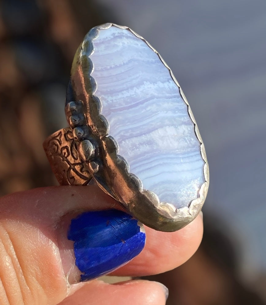 Handmade Oval Blue Lace Agate Gemstone Boho Ring