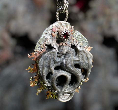 Handmade Golden Sheen Obsidian Dragon Carving Pendant with Heart Garnet