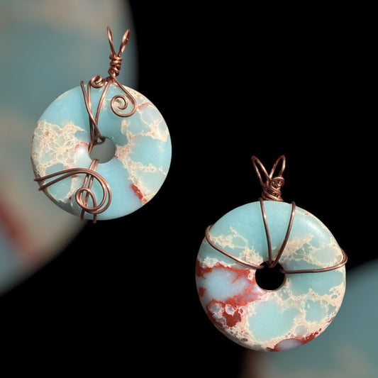 Copper Wrapped Blue Calcite Pi Stone Pendant