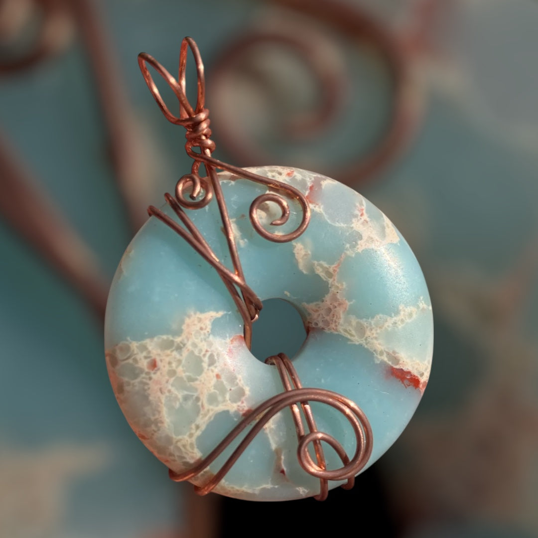 Copper Wrapped Blue Calcite Pi Stone Pendant