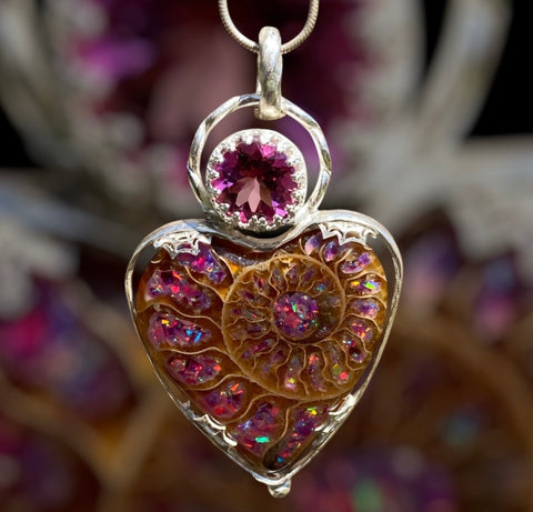 Handmade Ammonite and Pink Topaz Pendant
