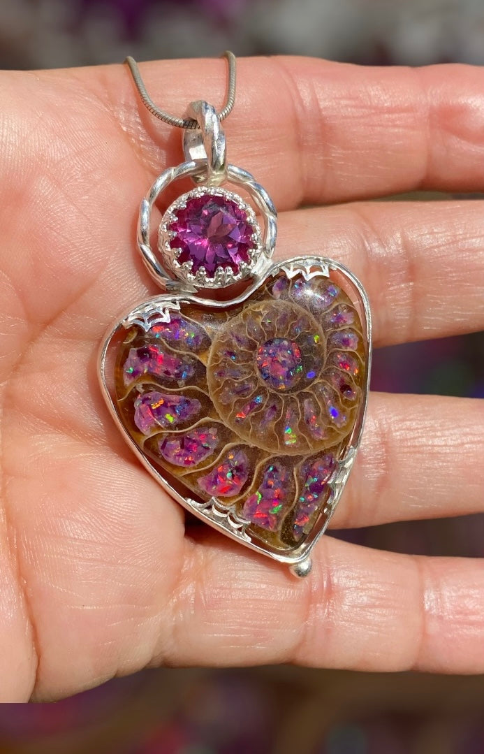 Handmade Ammonite and Pink Topaz Pendant