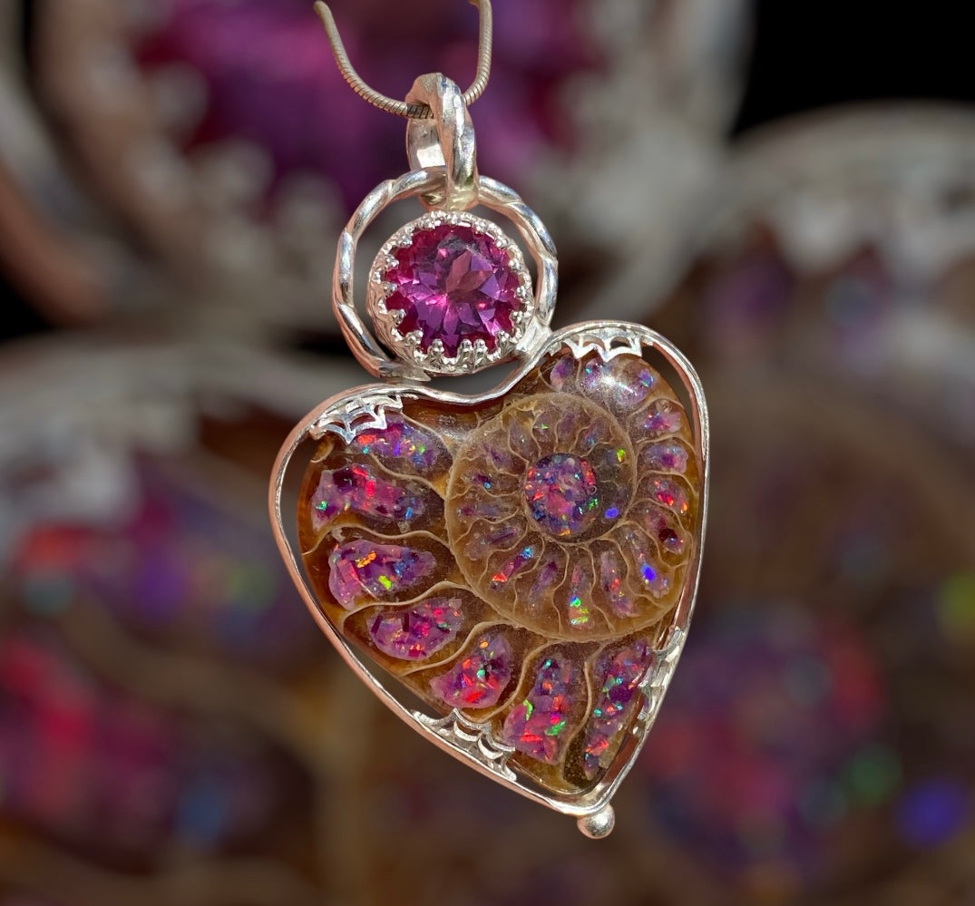 Handmade Ammonite and Pink Topaz Pendant