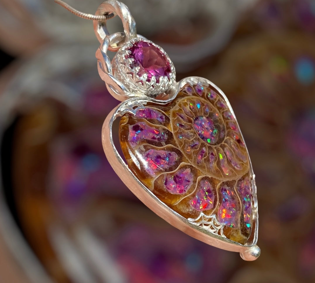 Handmade Ammonite and Pink Topaz Pendant