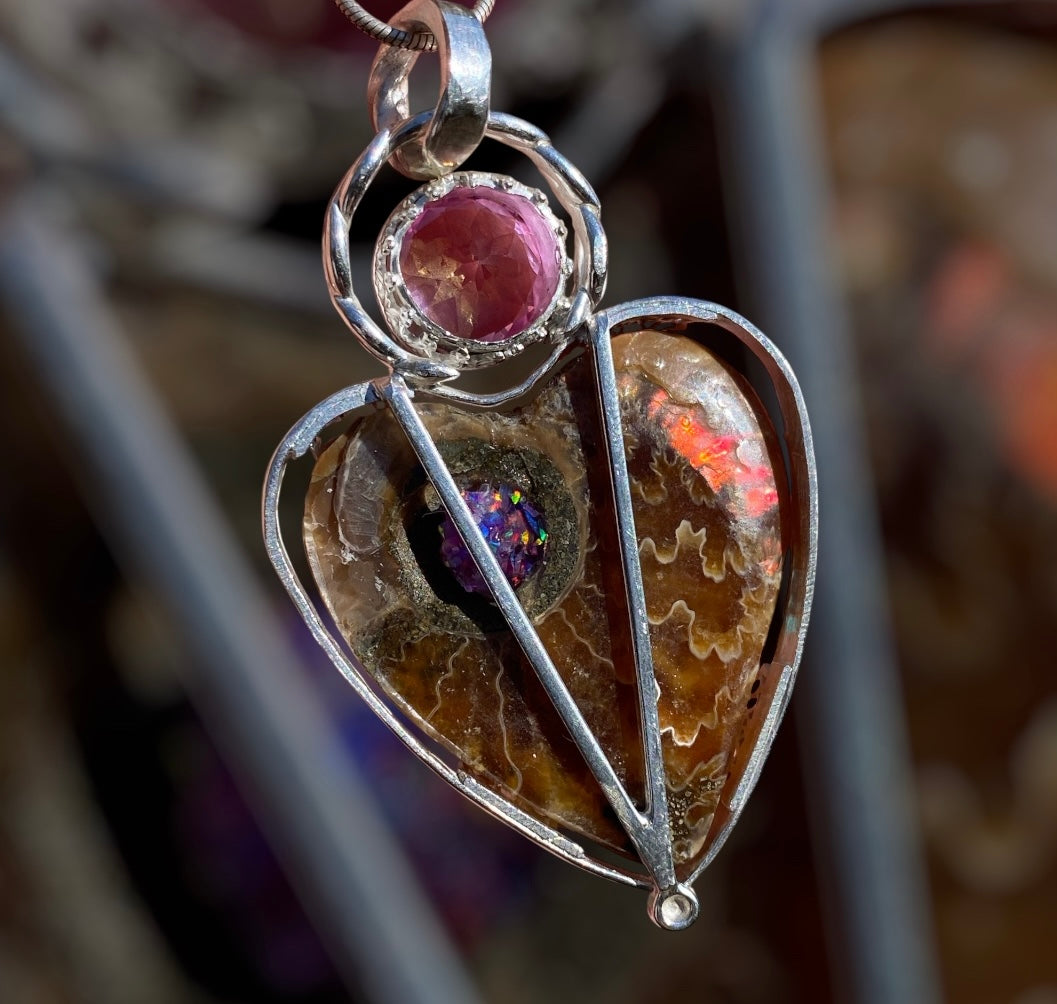 Handmade Ammonite and Pink Topaz Pendant