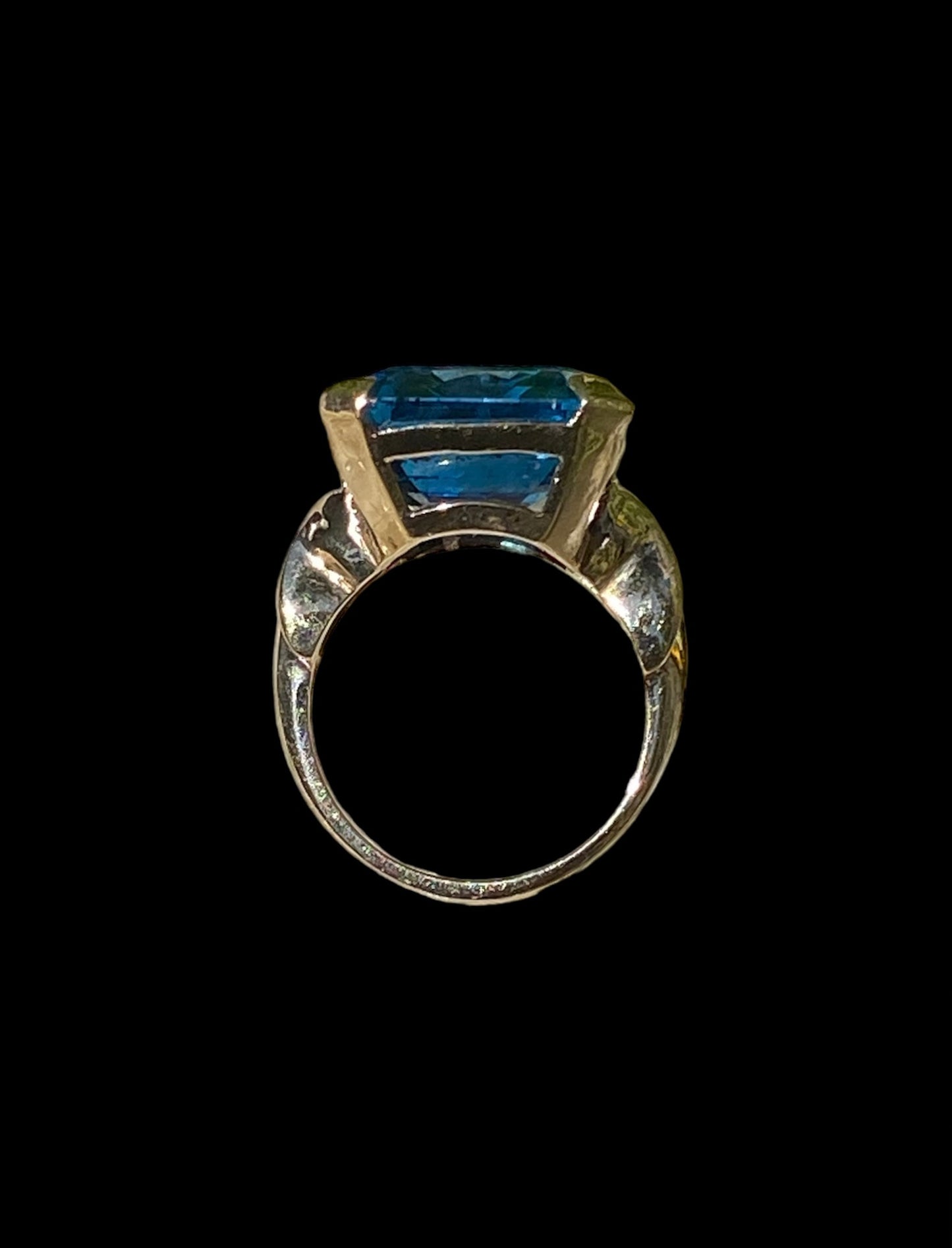 Estate London Blue Topaz Ring in 10K Gold – Oversized Emerald Cut Cocktail Statement Ring
