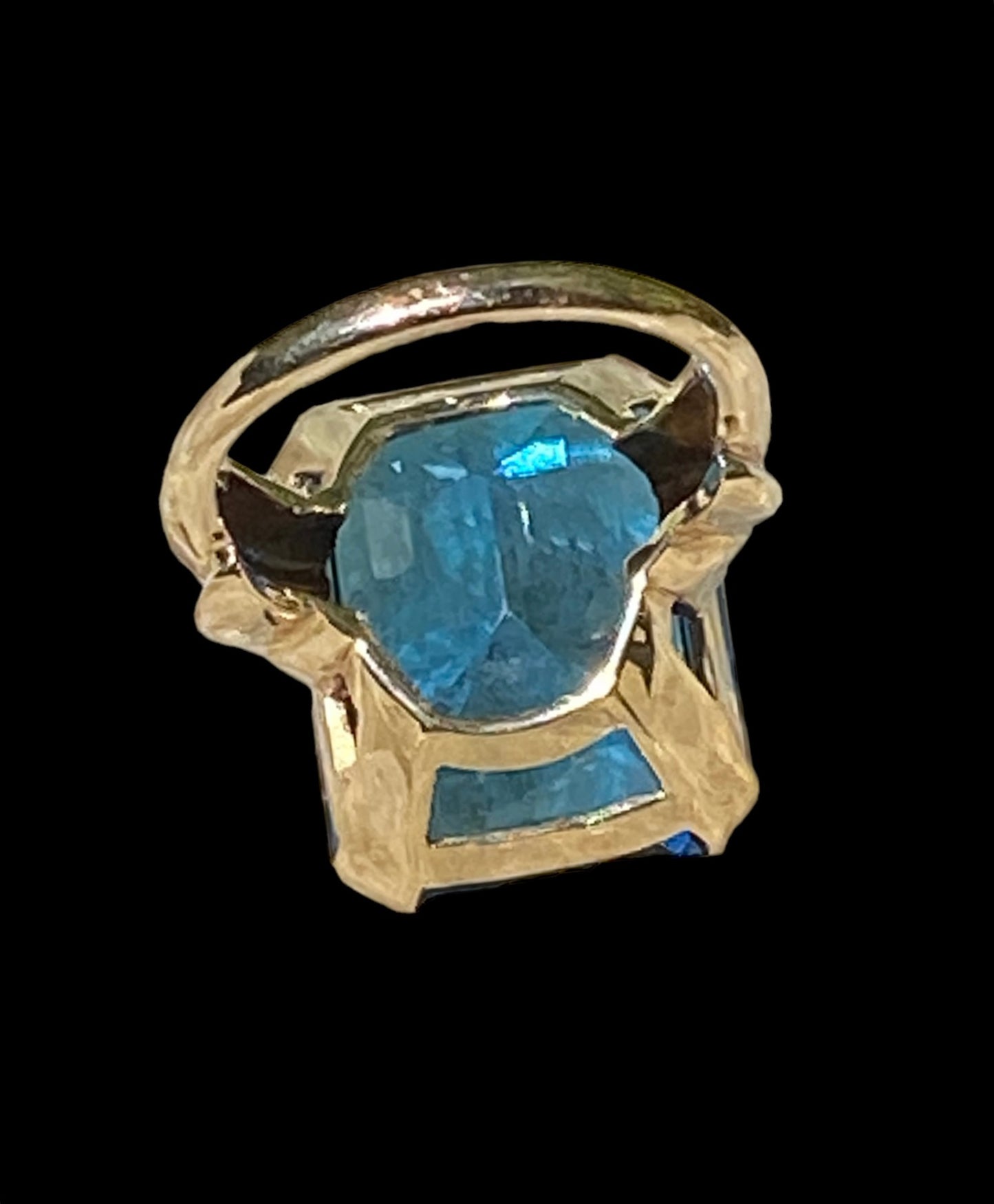Estate London Blue Topaz Ring in 10K Gold – Oversized Emerald Cut Cocktail Statement Ring