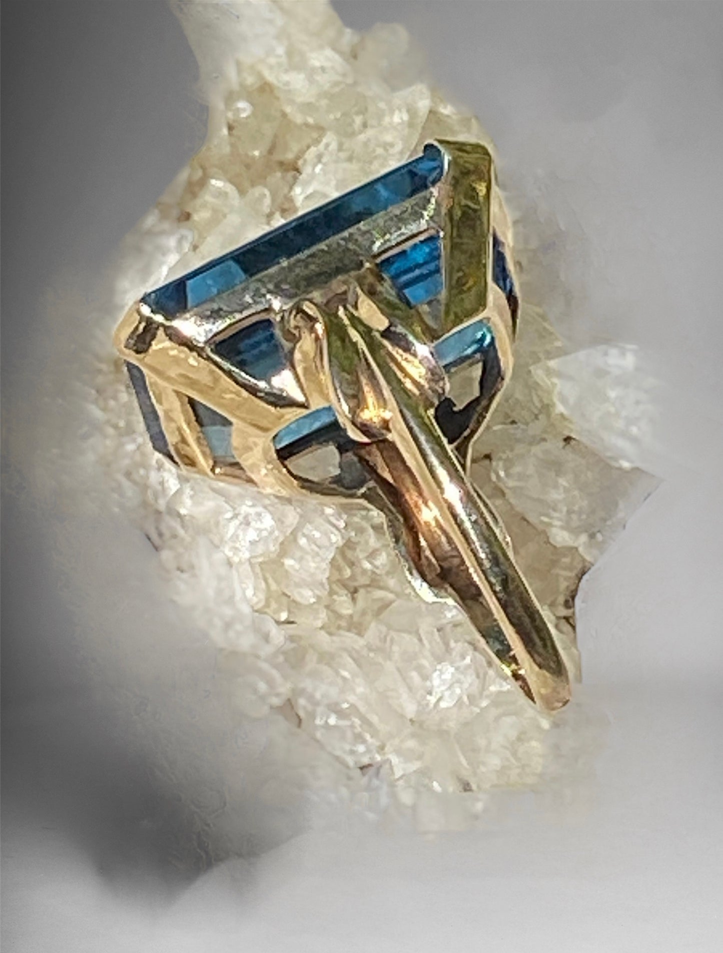 Estate London Blue Topaz Ring in 10K Gold – Oversized Emerald Cut Cocktail Statement Ring