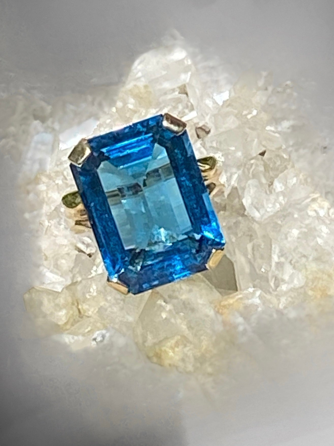 Estate London Blue Topaz Ring in 10K Gold – Oversized Emerald Cut Cocktail Statement Ring