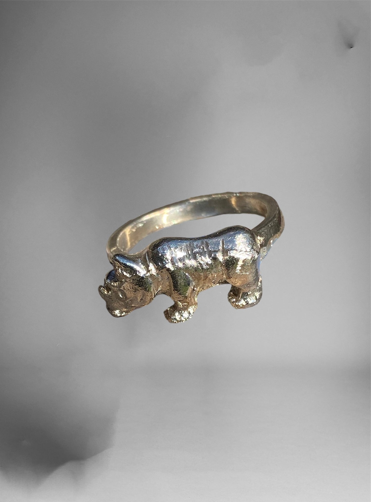 Handcrafted Sterling Silver Rhino Ring – Sand Cast One-of-a-Kind Rhino Ring – Oxidised Silver Animal Ring – Size 10